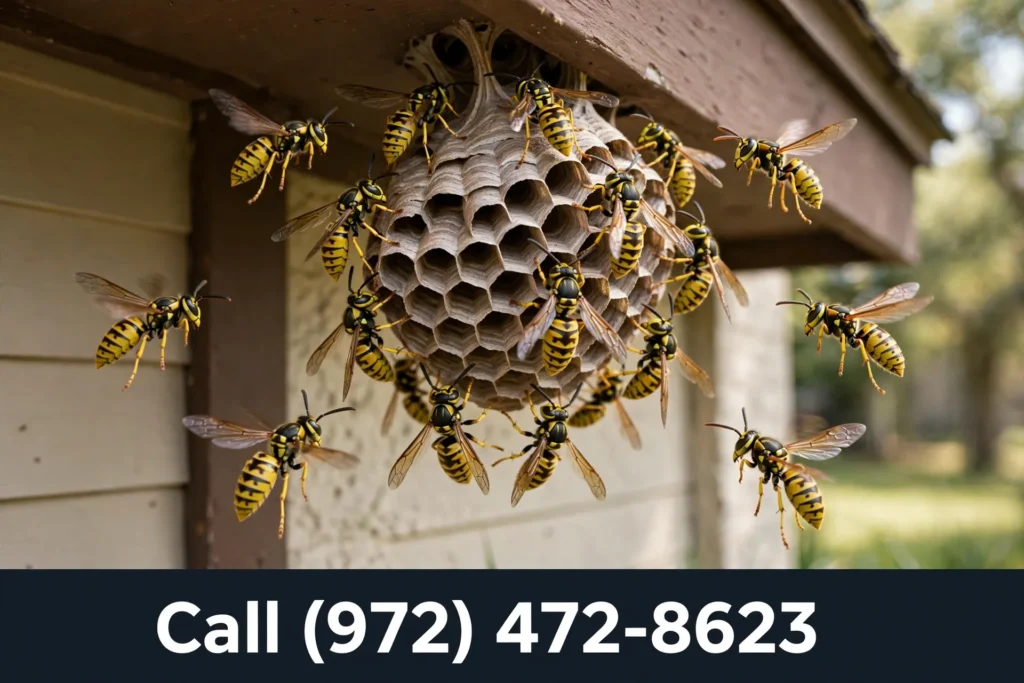 Call (972) 472-8623 — yellowjackets swarming nest Grand Prairie TX